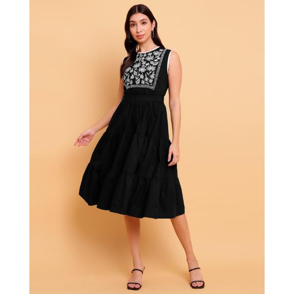 Black Yoke Dress with White Embroidery